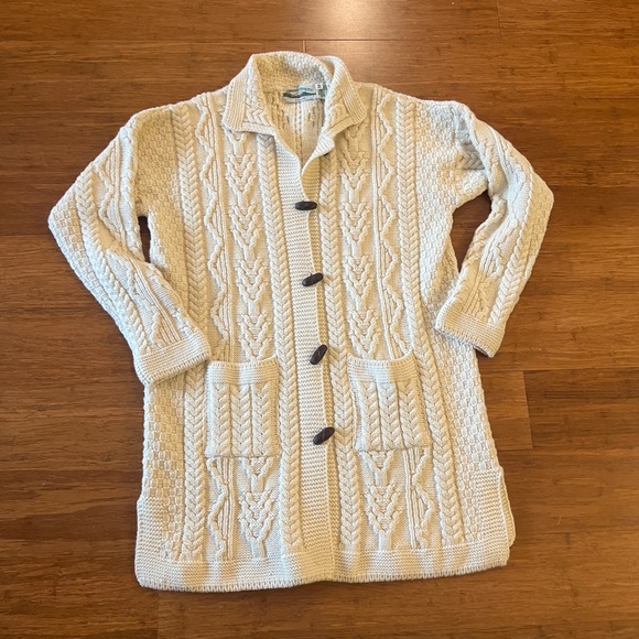 Aran crafts Ivory Long Irish 100% Merino Wool Cardigan Sweater Sz M - Picture 14 of 14